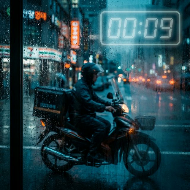 A delivery motorcycle rider speeding through city streets at night with a digital timer overlay