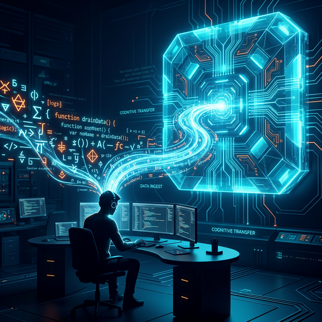 Conceptual art showing a developer's knowledge being absorbed by a giant AI core.