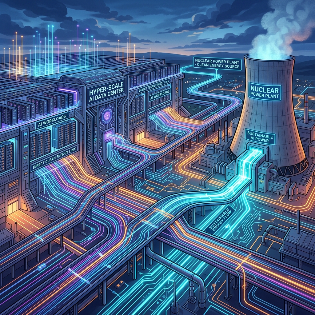 A modern data visualization showing a massive hyper-scale data center connected directly to a cooling tower of a nuclear power plant, representing tech giants securing nuclear energy.