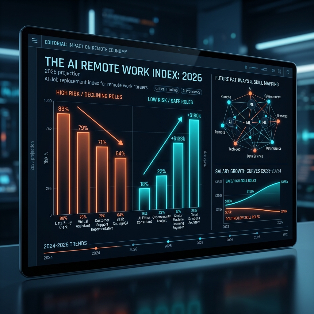 Data visualization showing job replacement risk vs salary growth across remote career tracks in 2026.