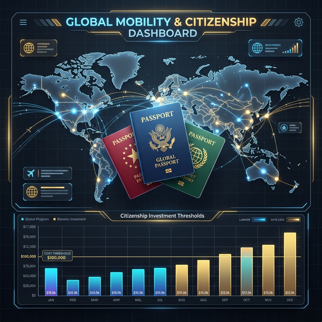 Visualization showing a digital dashboard of global mobility, representing passports and financial indices under $100k.