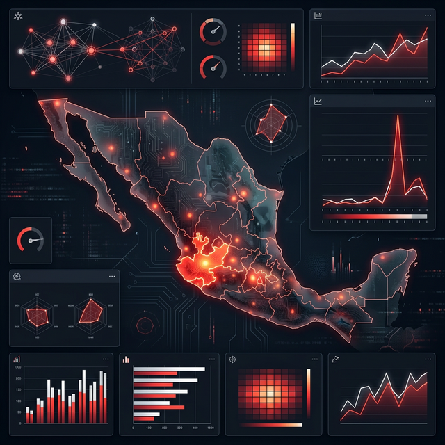 A professional data visualization dashboard showing Mexico security alerts and violent spikes following February 22.