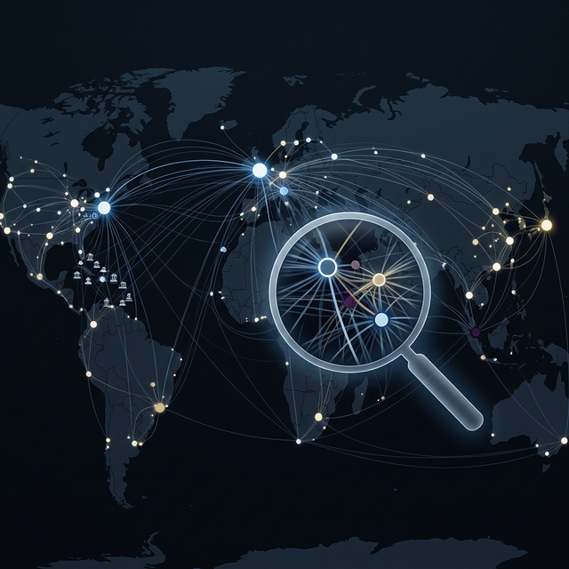 A sophisticated data visualization network showing nodes of global influence with a magnifying glass hovering over financial intersections.