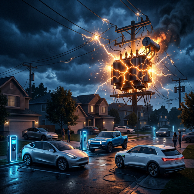 Conceptual art showing a power grid under intense strain from electric vehicle charging.