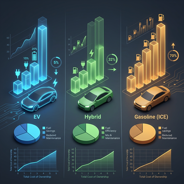 Infographic showing EV, Hybrid, and Gasoline car cost comparison charts.