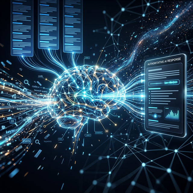 Futuristic infographic showing traditional blue search links being synthesized into a single AI response.