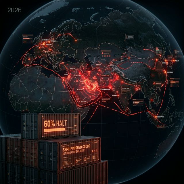 A dramatic global supply chain map in 2026 showing the Persian Gulf glowing with conflict markers and interrupted red data lines.