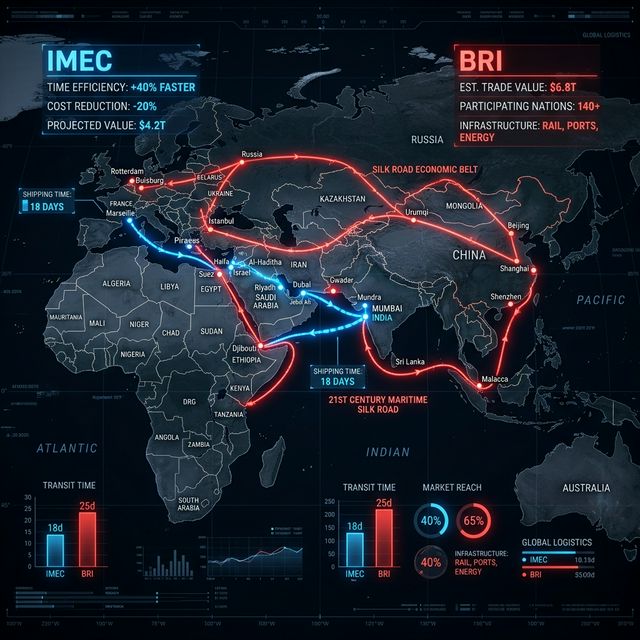 A high-tech digital map showing the competing IMEC (blue) and BRI (red) trade routes with 2026 data overlays.