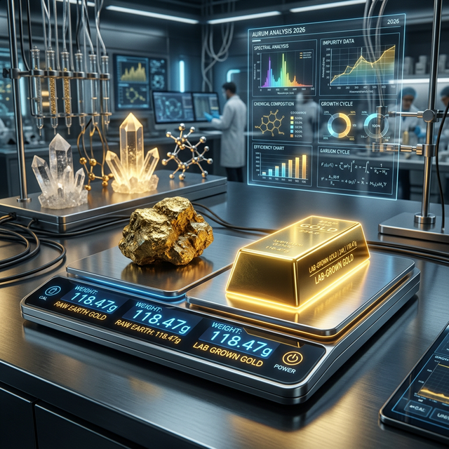 A laboratory setting comparing a natural gold nugget with a sleek lab-grown gold bar on a digital scale.