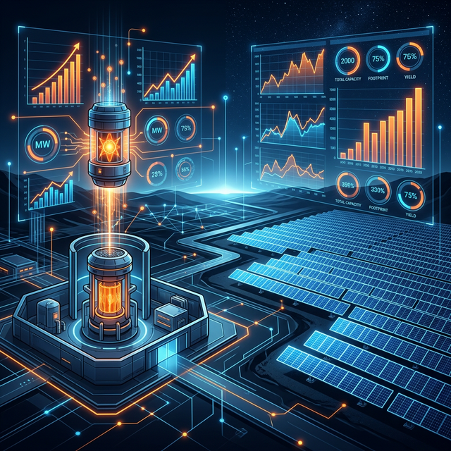 A modern, high-quality editorial illustration comparing nuclear small modular reactors (SMRs) with massive solar farms, featuring data visualization elements.