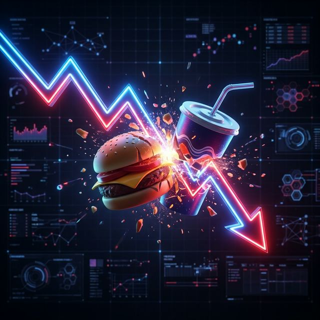 Visualization showing a sudden downward financial trendline breaking through a fast food burger and soda, reflecting the 2026 Ozempic Economy impact.