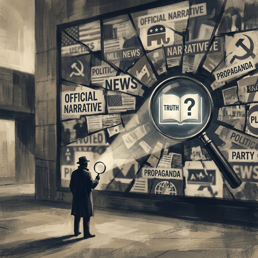 A magnifying glass over text representing critical investigation