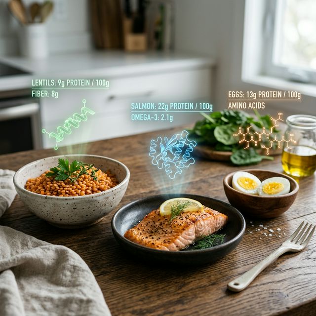 Various protein sources like lentils, eggs, and salmon with digital data overlays.