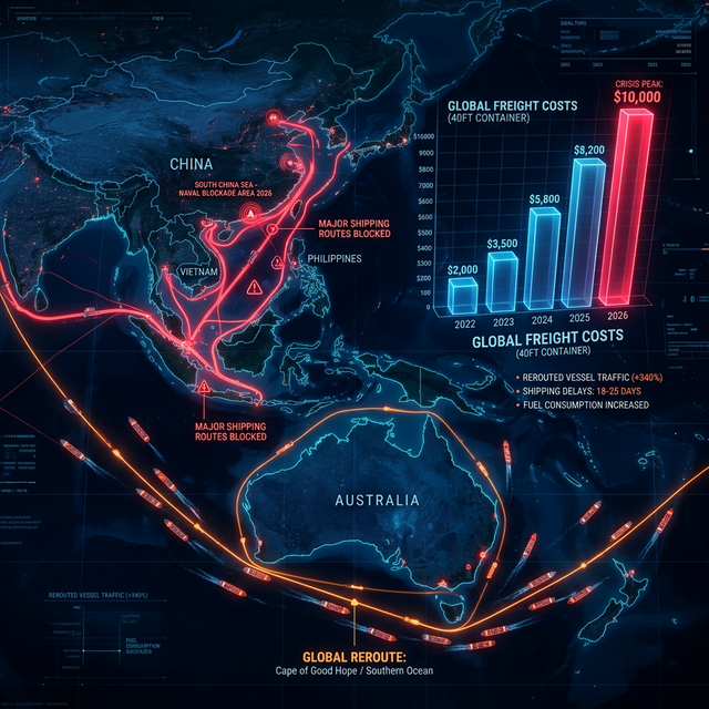 A high-tech digital map of the South China Sea showing shipping lanes in red and container ships rerouting around Australia, with data charts indicating a 400% cost spike.
