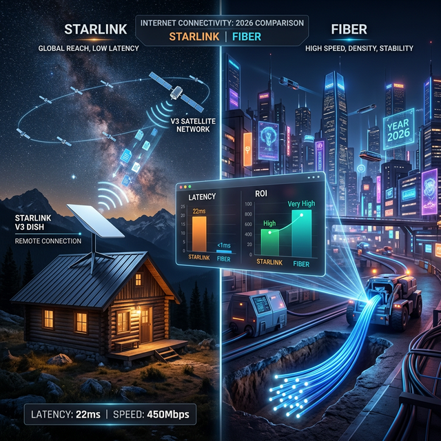 A premium split-screen comparison showing a Starlink dish on a remote cabin vs futuristic fiber optics in a city, with ROI and Latency data highlights.