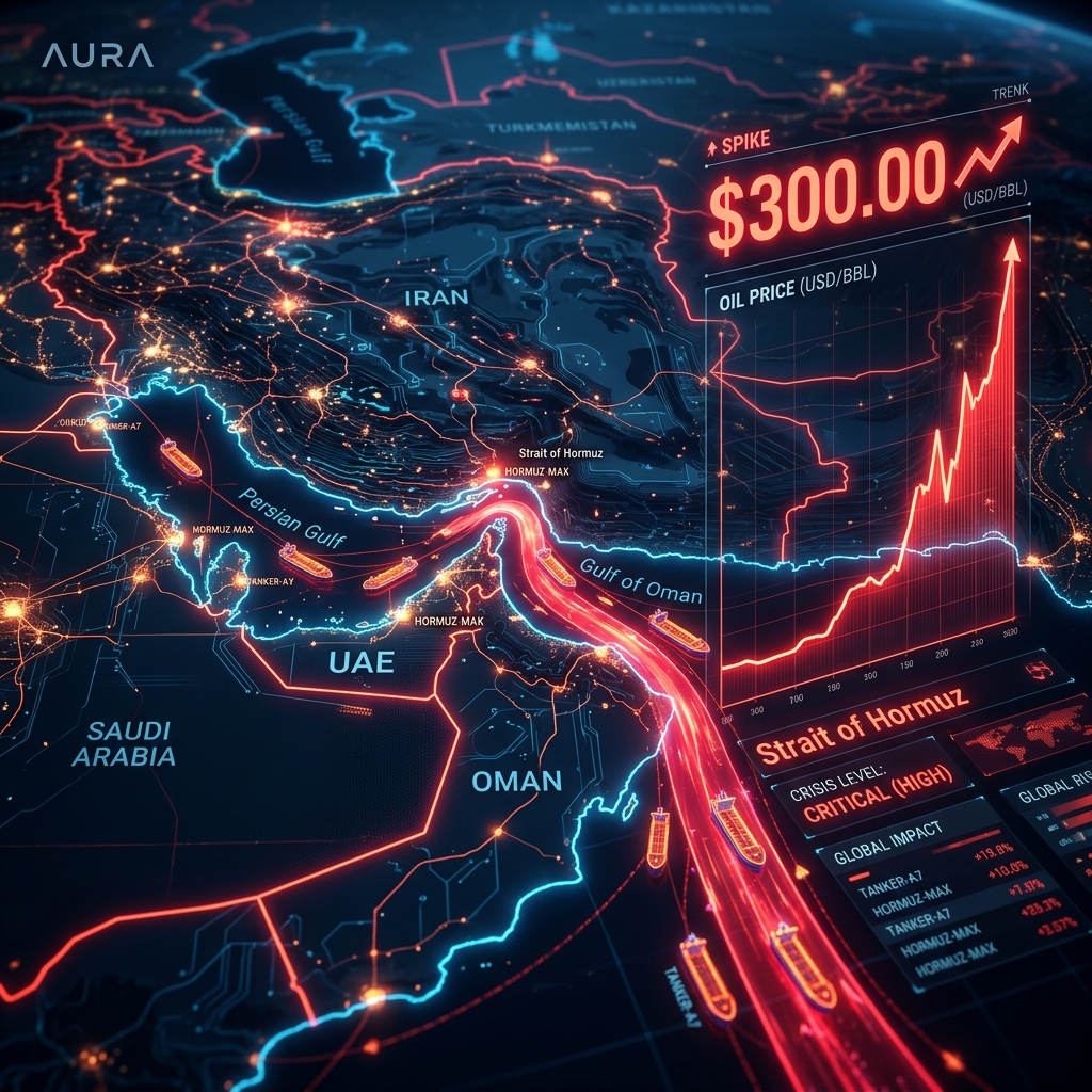 High-tech digital visualization showing the Strait of Hormuz on a futuristic global map with glowing red shipping lanes, digital tankers, and a holographic line graph spiking toward $300.