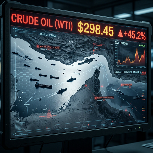 A high-stakes digital dashboard showing a 2026 oil price ticker skyrocketing towards $300, superimposed over a dramatic satellite view of the Strait of Hormuz.