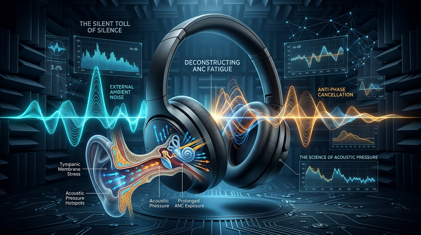 Acoustic engineering diagram of noise-canceling headphones illustrating anti-phase wave cancellation, ear canal acoustic pressure hotspots, and tympanic membrane stress.