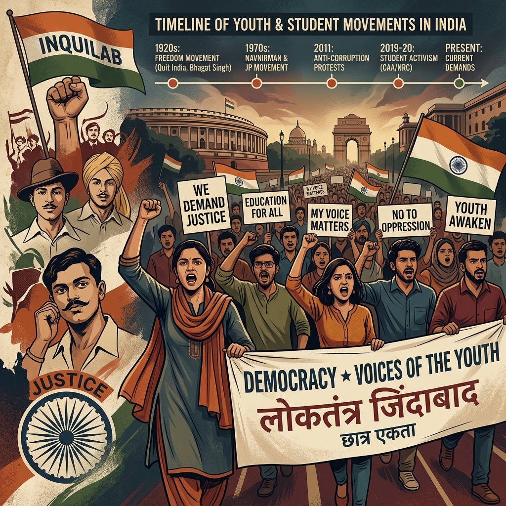 Infographic and editorial image illustrating ongoing youth protests in India and democratic movement history.